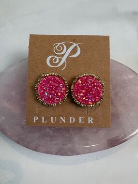 Hot Pink Faux Druzy Stud Goldtone Earrings by Plunder Design Private Label